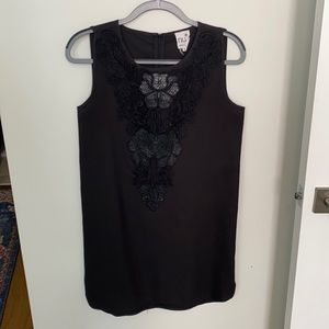 Black shirt dress, lace & leather embellished